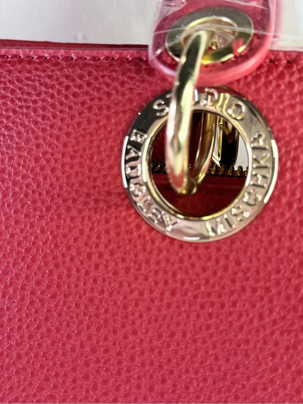 Bradley Mischka Red Satchel Bag with Crossbody/Shoulder Strap and Gold Hardware
